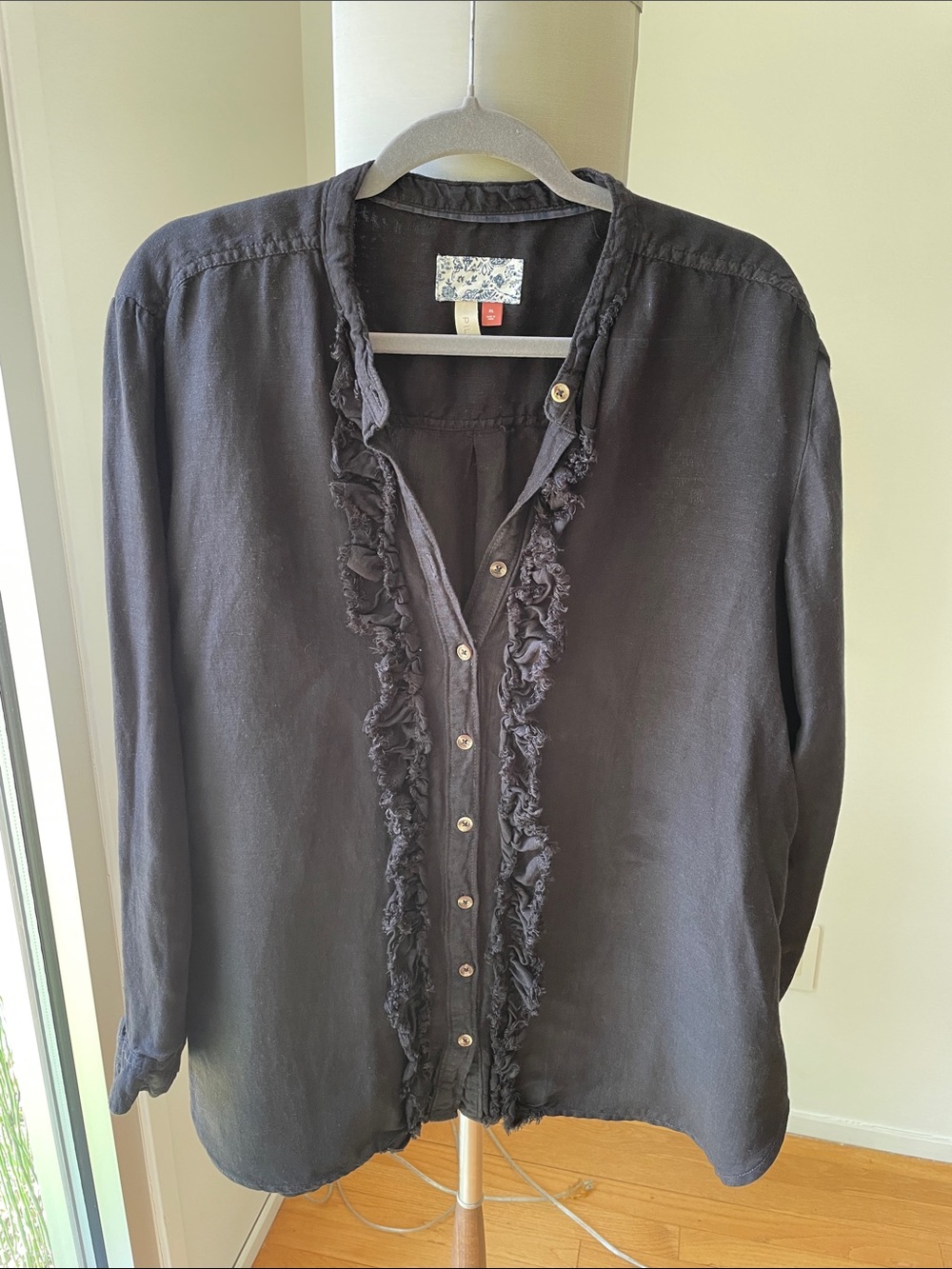 Anthropologie Pilcro Black Ruffle-Trim Button-Down Blouse
